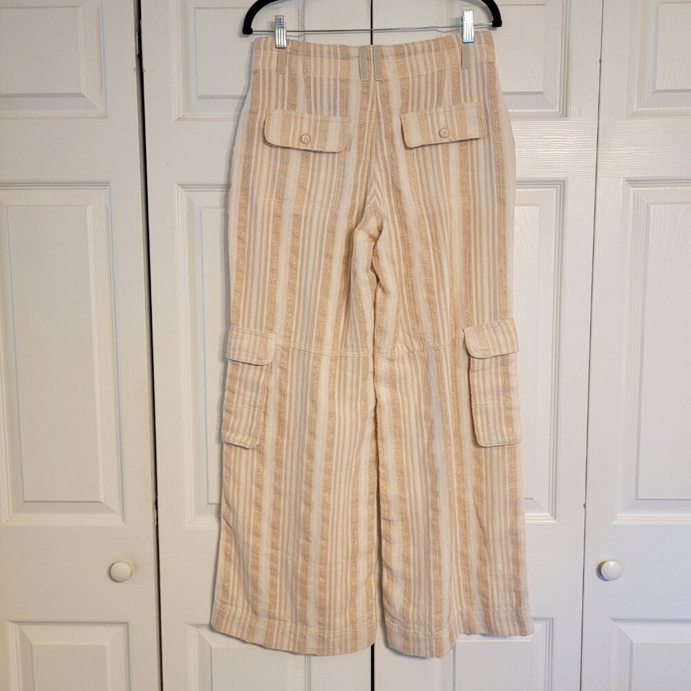 Linen-Blend Wide Leg Cargo Pants in Beige Stripe - Picture 3 of 8